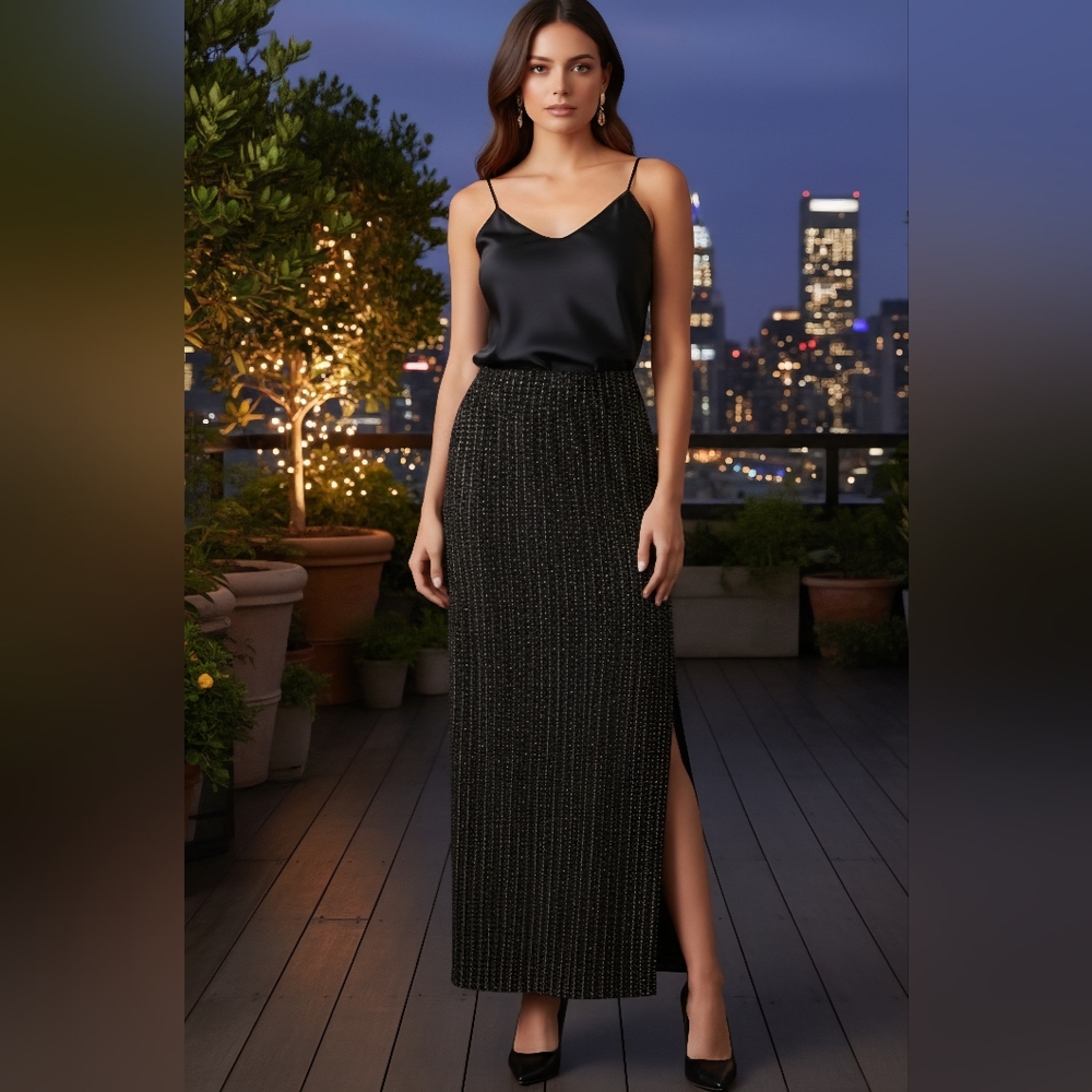 6 St. John Evening Marie Gray Black Gold Knit Paillette Long Pencil Slit Skirt